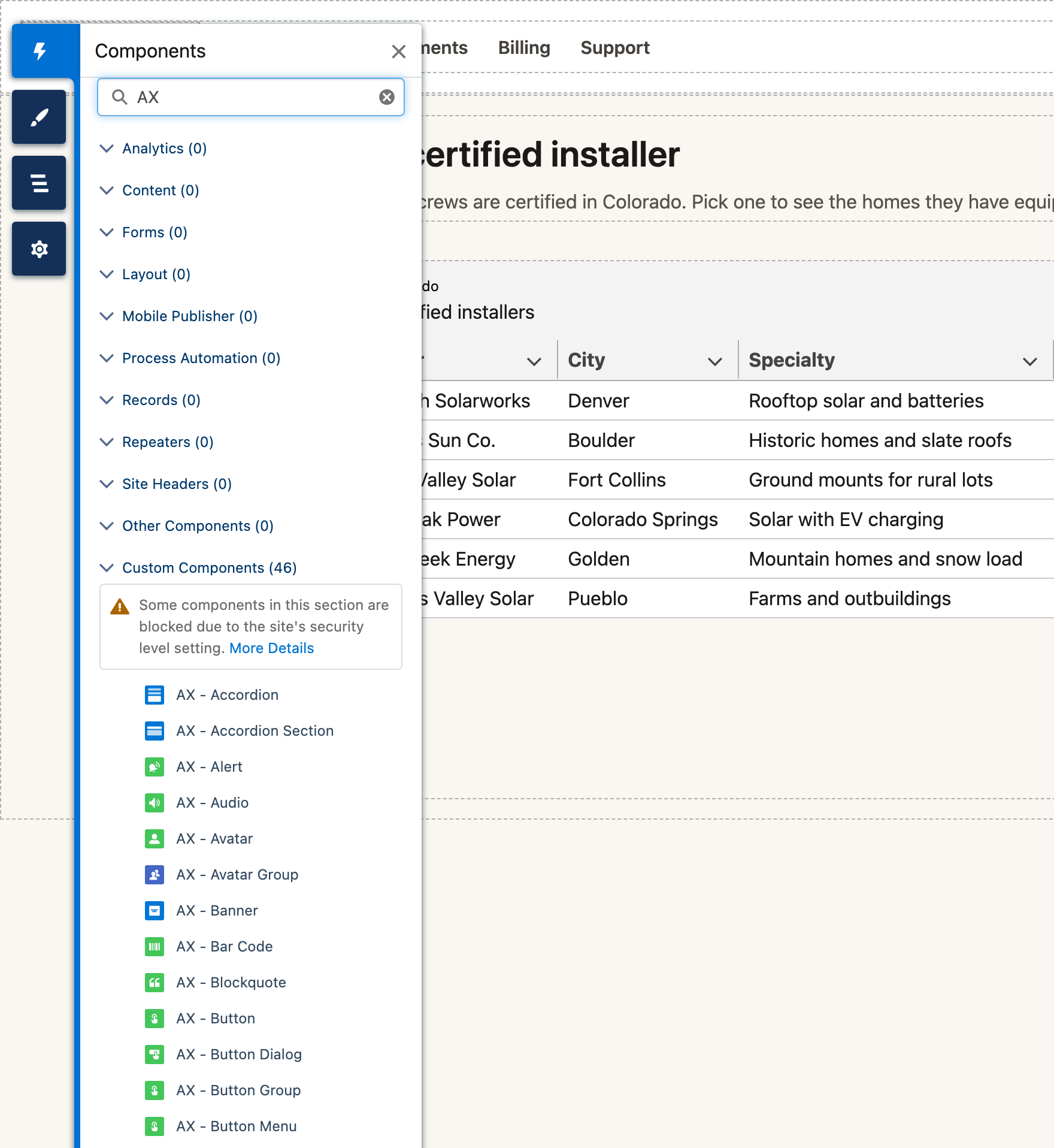 The Components panel of Experience Builder, searched for AX, with Custom Components (46) listing AX - Accordion, AX - Alert, AX - Avatar, AX - Banner, AX - Button and more