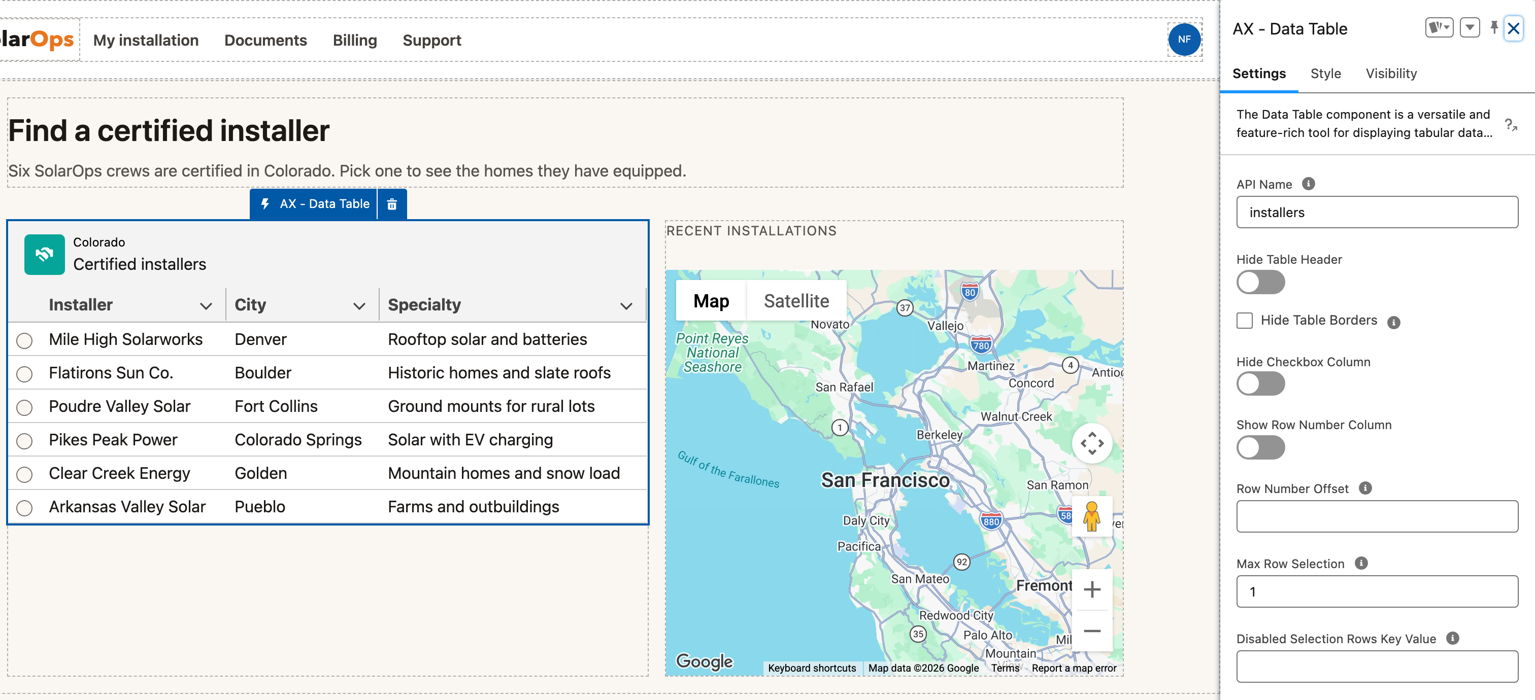 The AX - Data Table selected on the canvas, and its property panel with API Name set to installers and Max Row Selection set to 1
