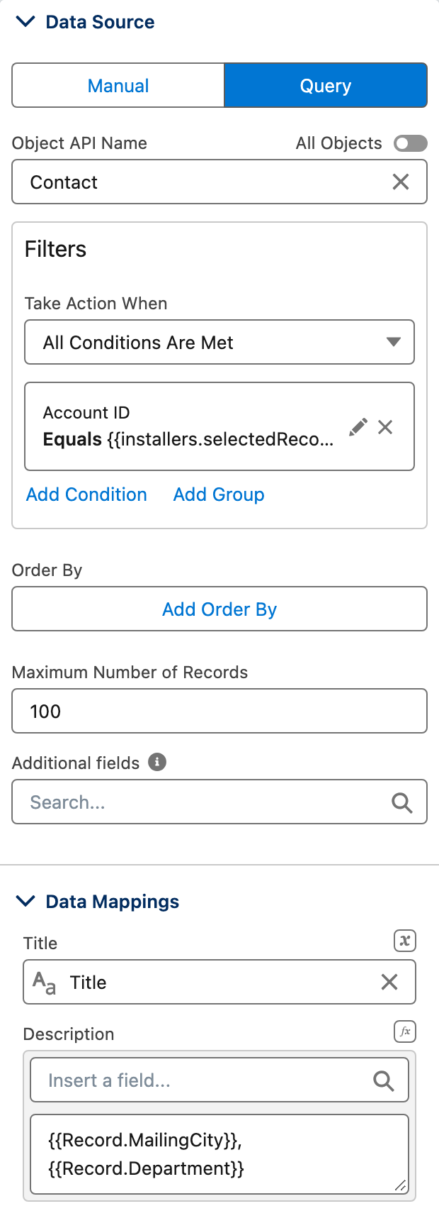 The AX - Map selected, with its Data Source set to Query on Contact and a filter Account ID equals {{installers.selectedRecord.Id}}, and its Data Mappings below