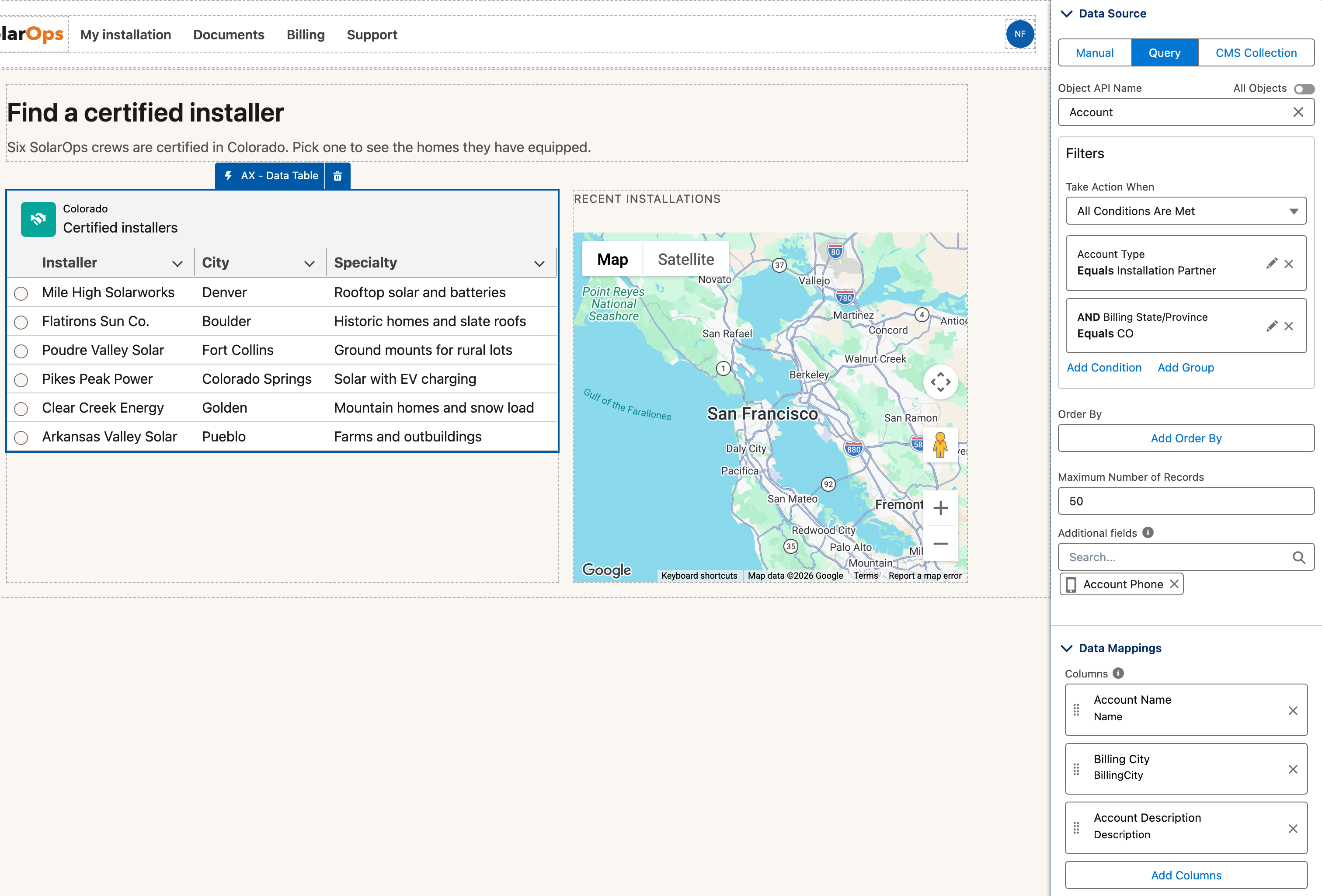 The Data Source section of the AX - Data Table with Query selected, Object API Name Account, two filters (Account Type equals Installation Partner, Billing State equals CO) and the table on the canvas listing six Colorado installers