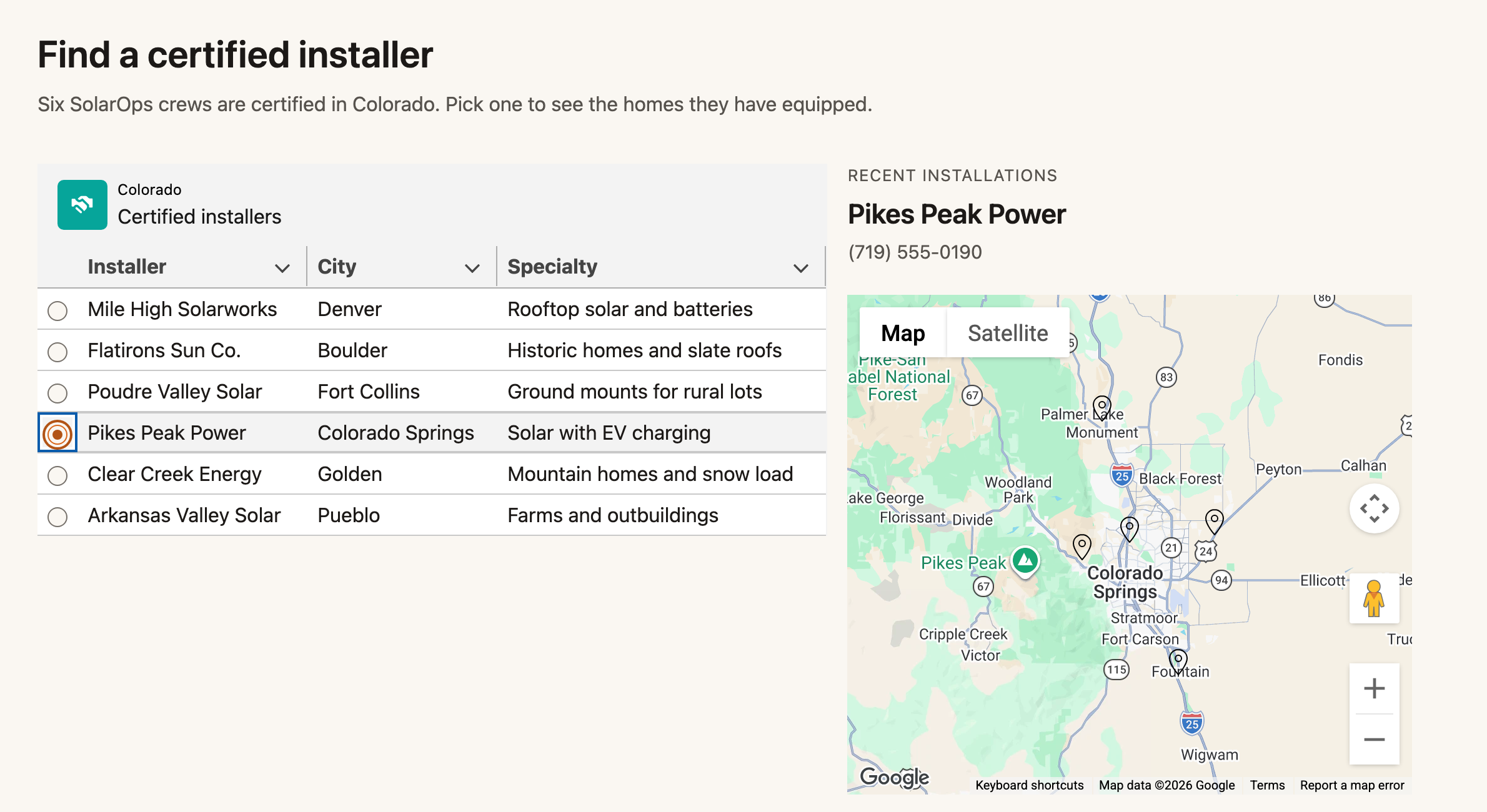 The same page with Pikes Peak Power selected in the table, its phone number above the map, and the map showing its installations around Colorado Springs