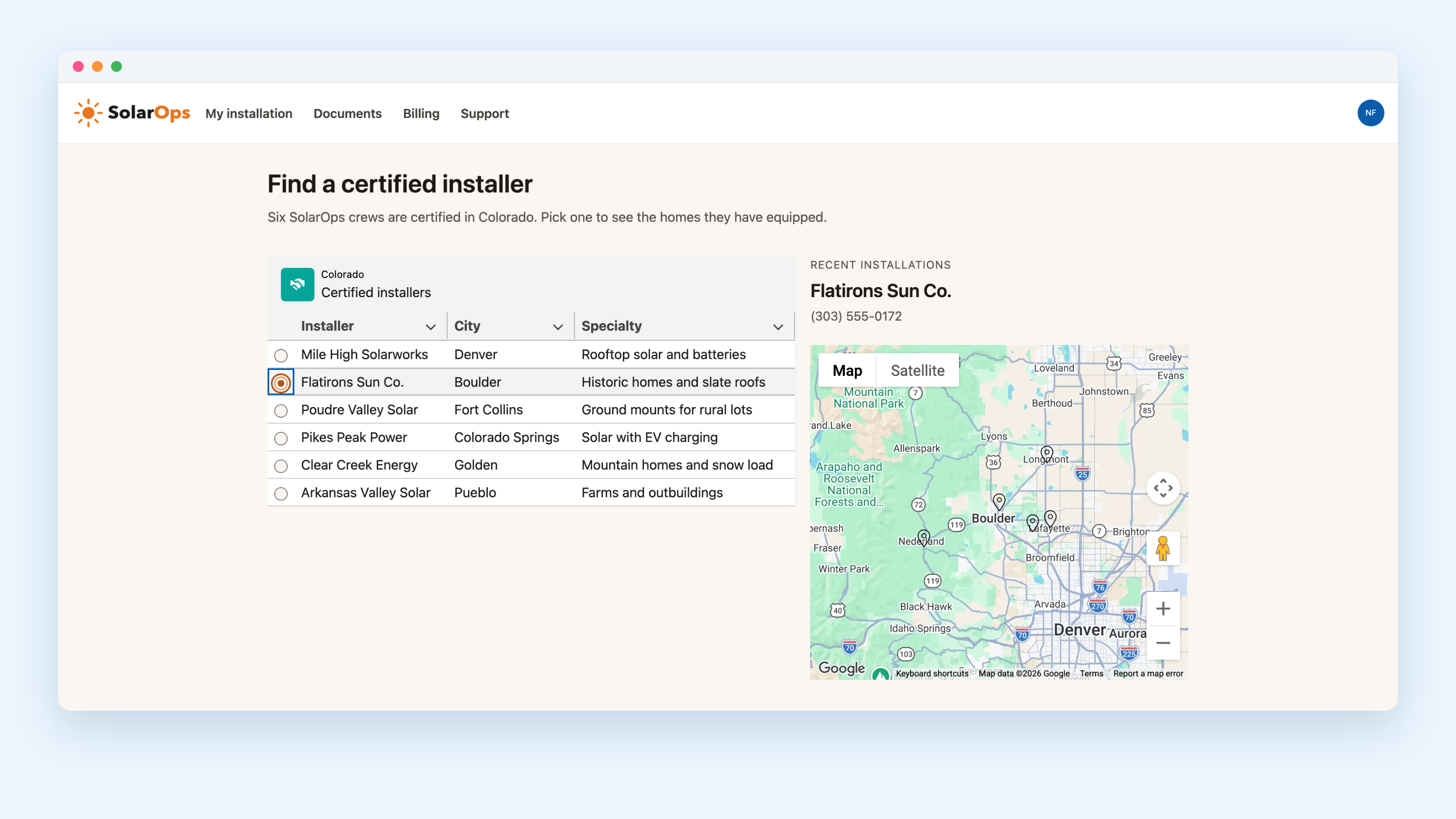 The SolarOps customer portal with its logo and navigation, showing a Find a certified installer page: a Certified installers table with Flatirons Sun Co. selected, and beside it the installer's name, phone number and a Google map of its installations around Boulder